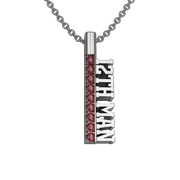 Necklace with pendant featuring '12th Man' text and red stones on a gray background